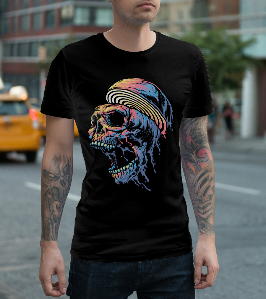 Let It Drip Skull with Dripping Vibrant Colors and Psychedelic Spiral Mohawk T-Shirt