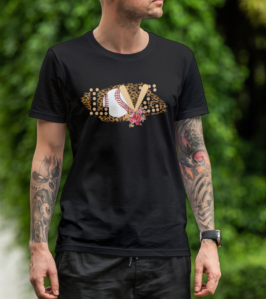 LOVE Baseball Leopard Print Floral Bat And Ball T-Shirt