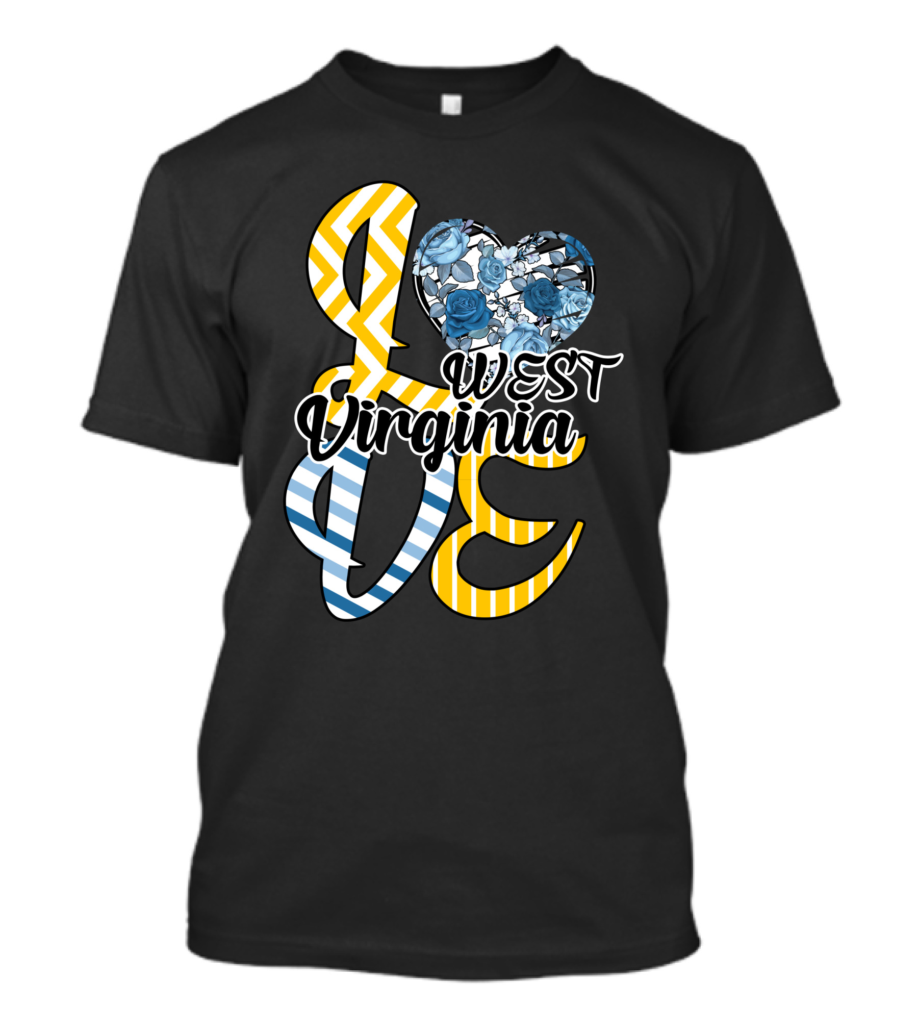 Love West Virginia Heart Blue Roses Chevron Stripes T-Shirt