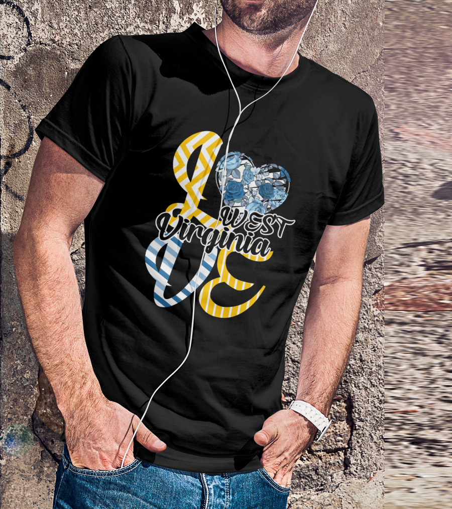 Love West Virginia Heart Blue Roses Chevron Stripes T-Shirt