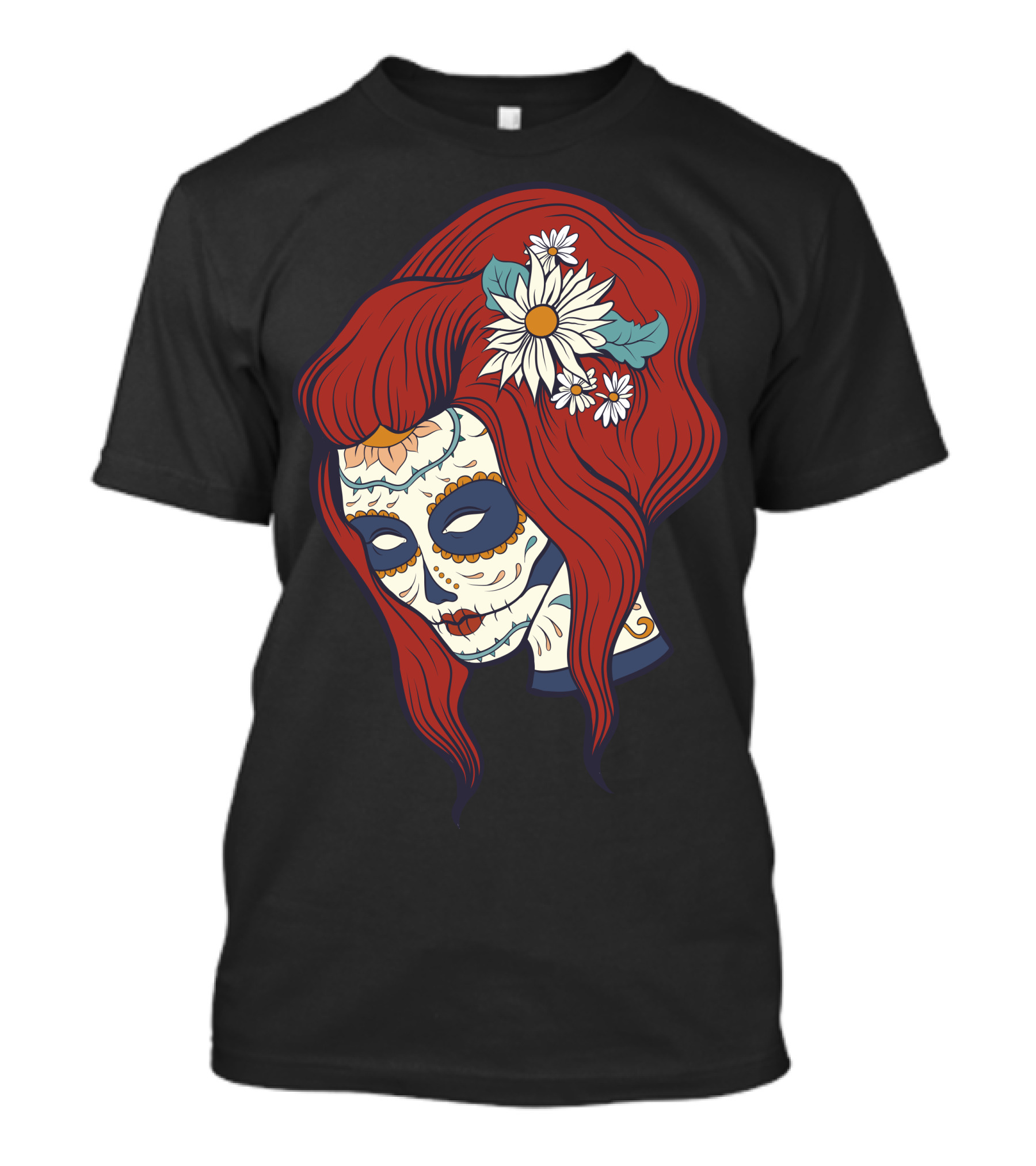 Skull Girl Day Of The Dead Sugar Skull Red Hair Daisy Flowers T-Shirt