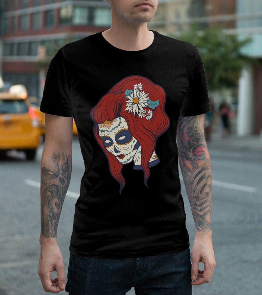 Skull Girl Day Of The Dead Sugar Skull Red Hair Daisy Flowers T-Shirt
