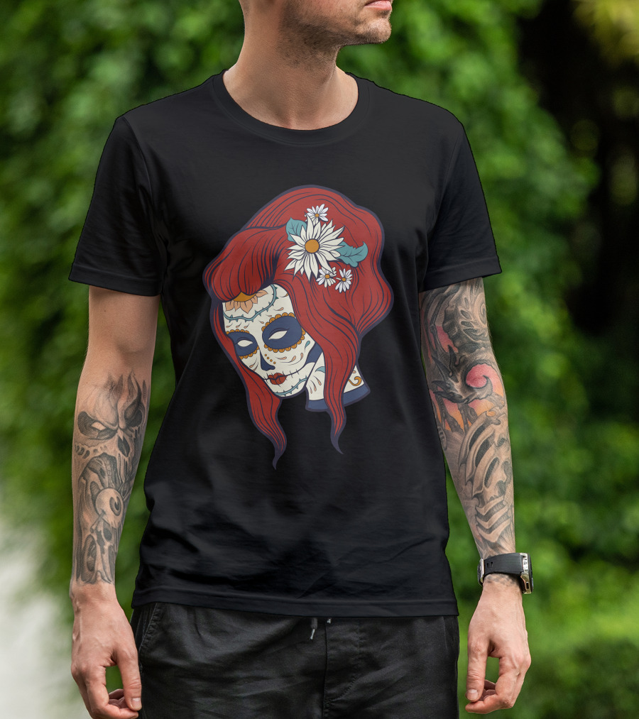 Skull Girl Day Of The Dead Sugar Skull Red Hair Daisy Flowers T-Shirt