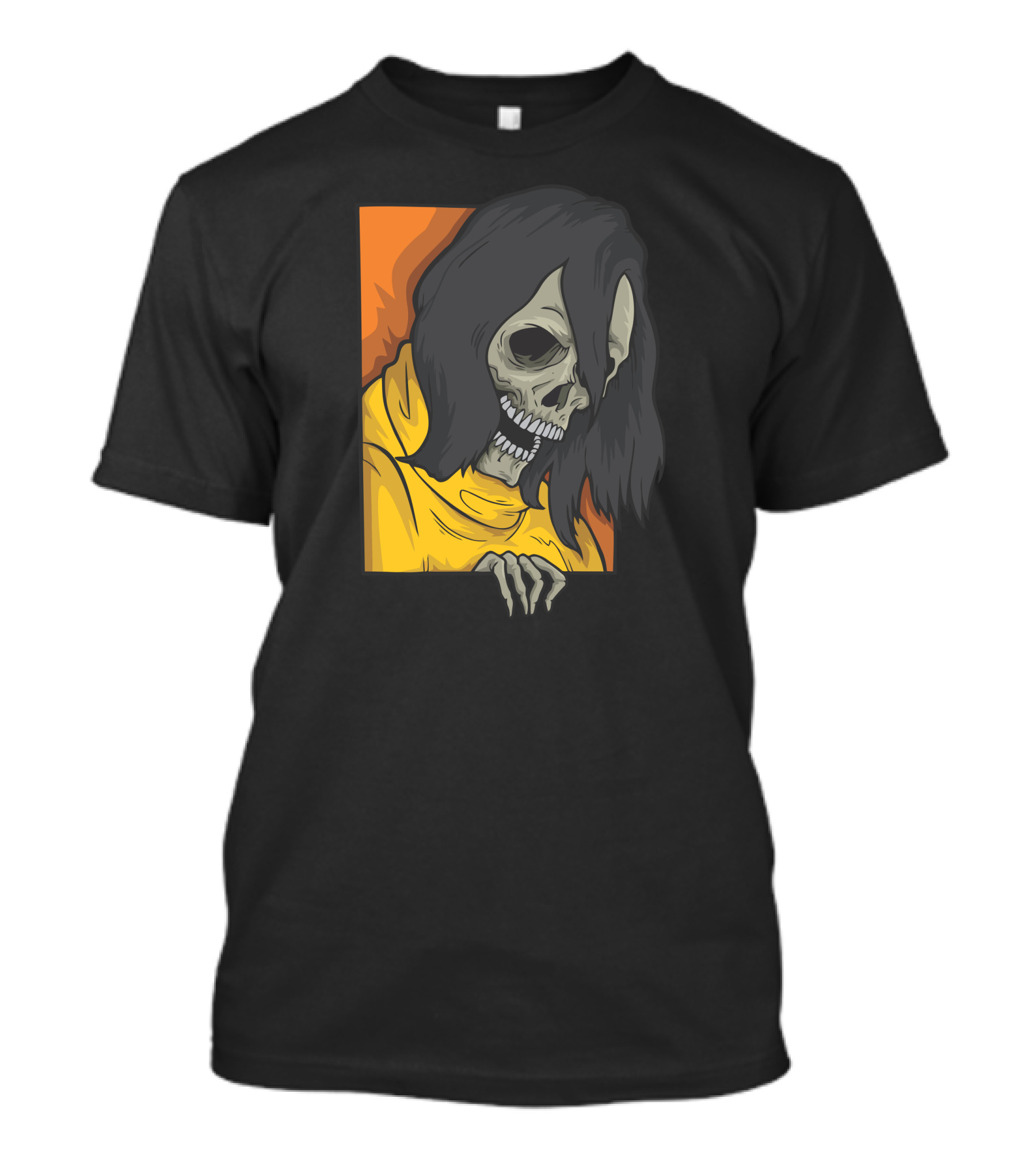 Skull With Long Hair Emerging From Orange Window T-Shirt