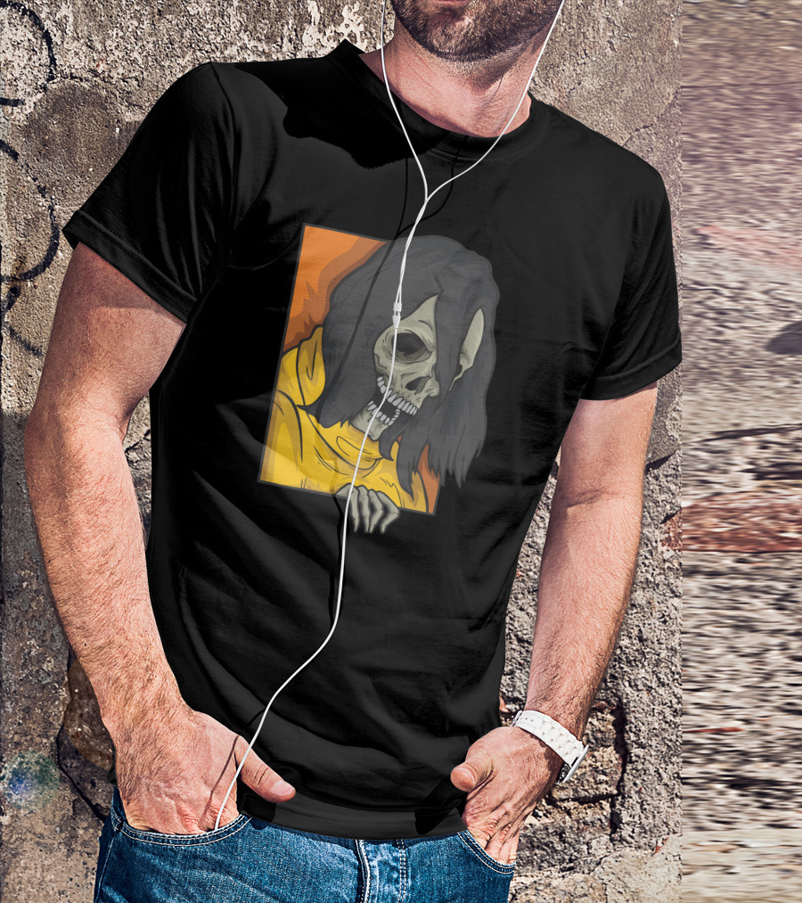 Skull With Long Hair Emerging From Orange Window T-Shirt
