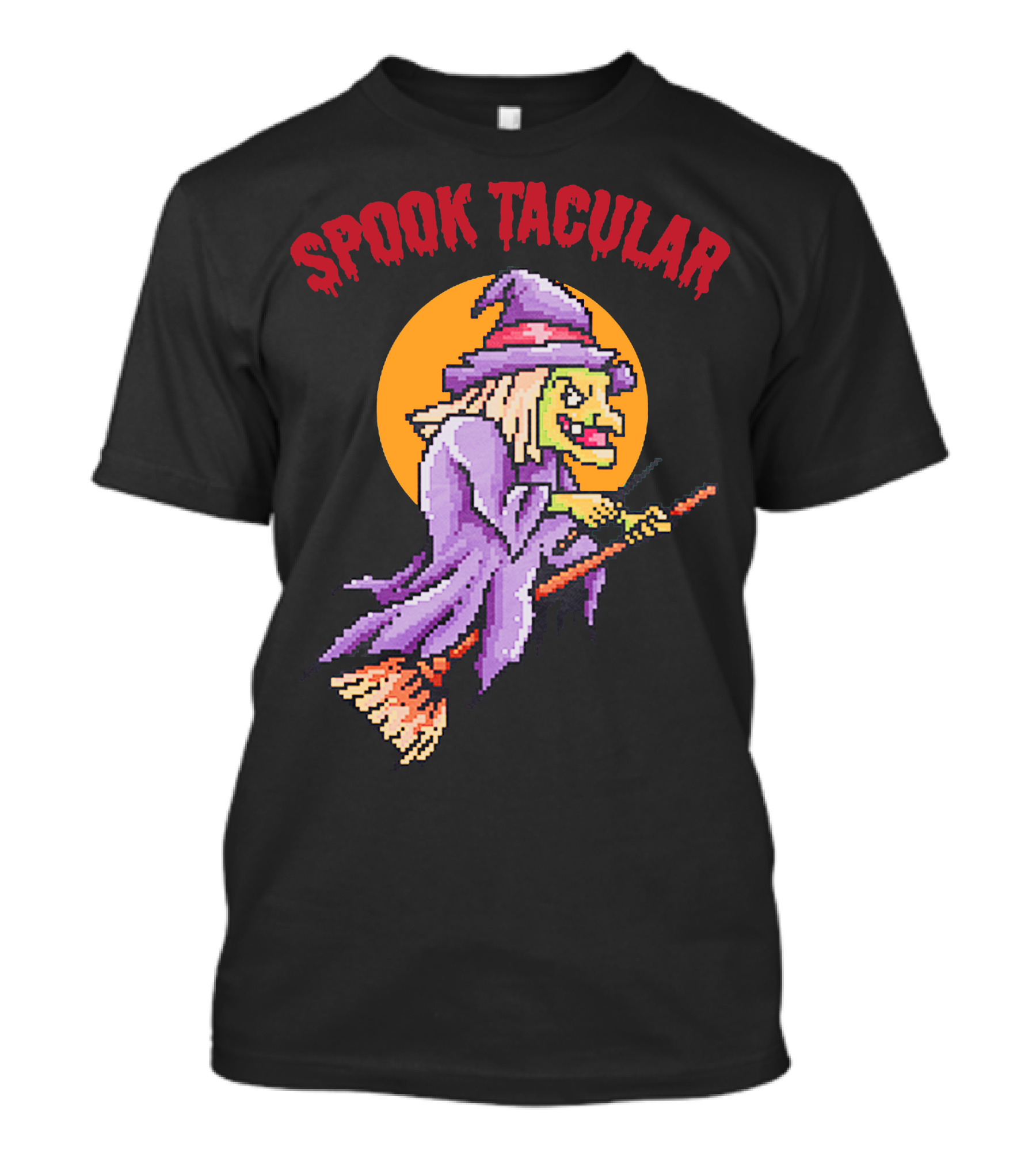 Spook Tacular Witch Pixel Art Halloween Witch On Broomstick T-Shirt
