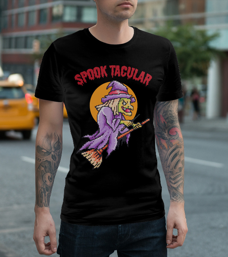 Spook Tacular Witch Pixel Art Halloween Witch On Broomstick T-Shirt