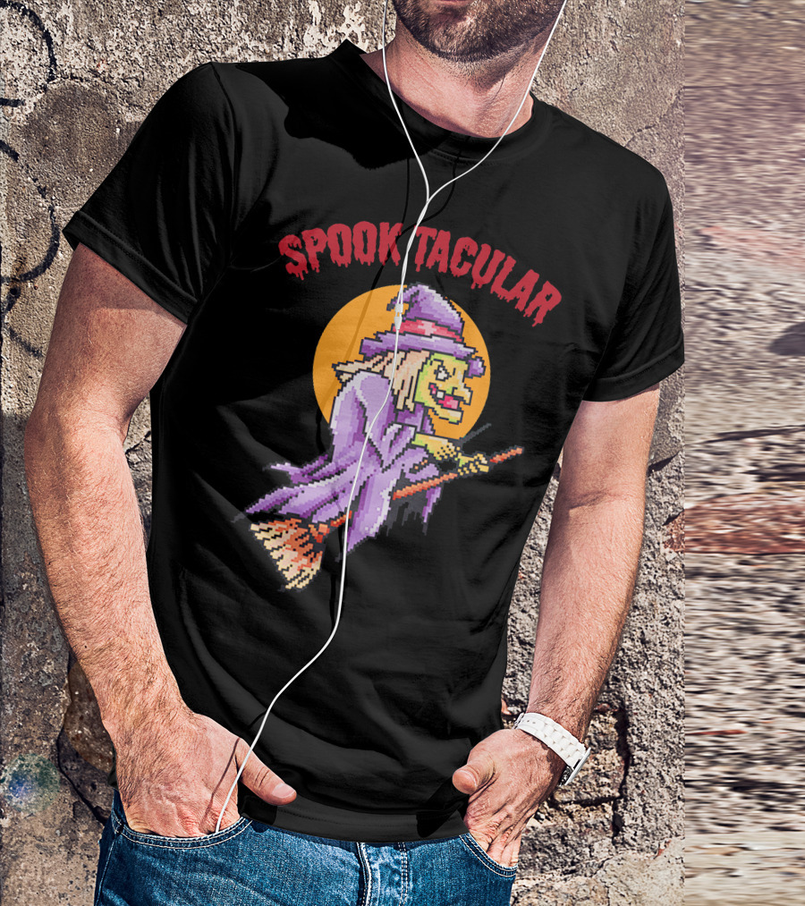 Spook Tacular Witch Pixel Art Halloween Witch On Broomstick T-Shirt