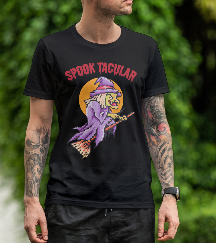 Spook Tacular Witch Pixel Art Halloween Witch On Broomstick T-Shirt