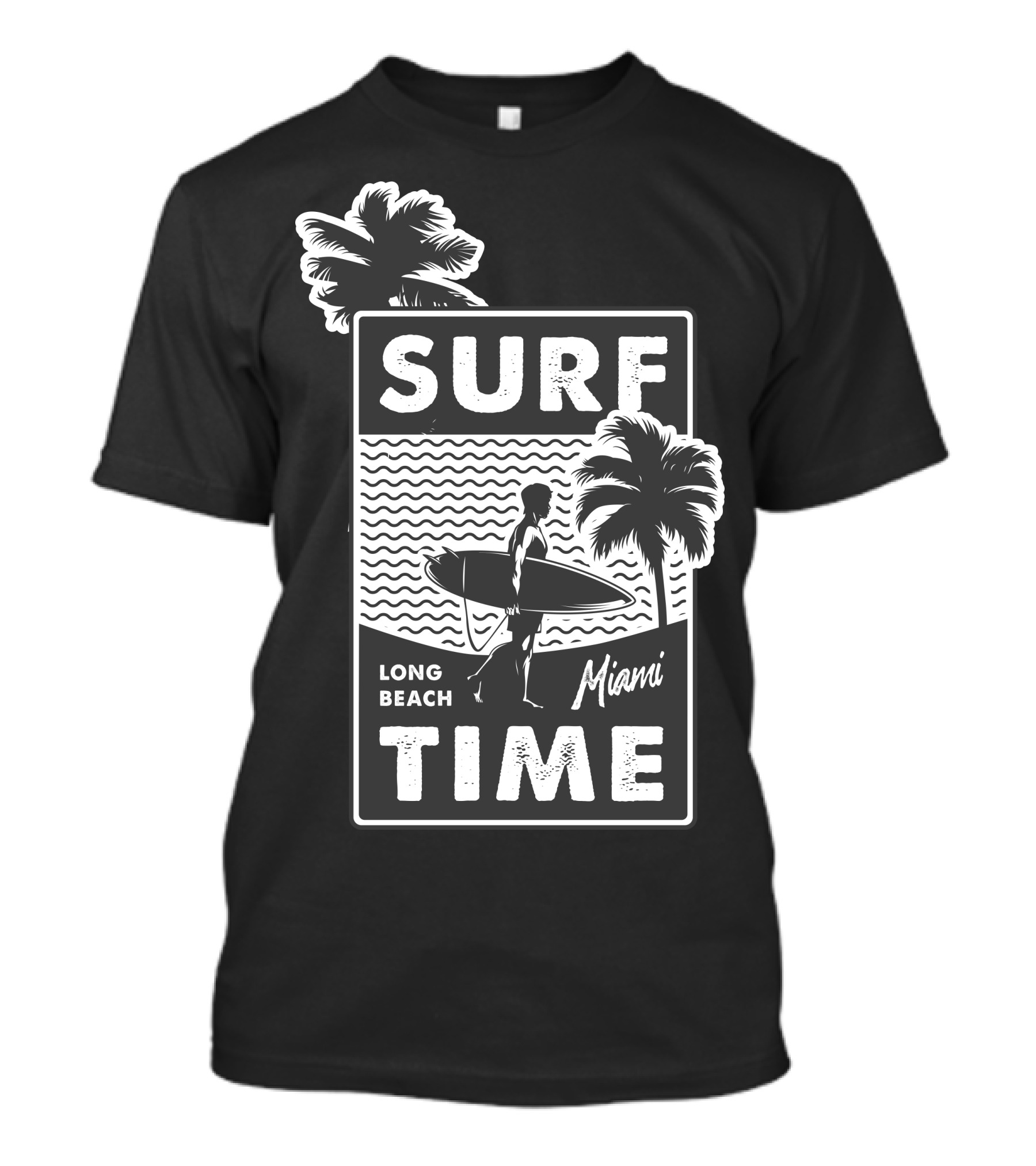 Surf Time Long Beach Miami Surfboard Palms T-Shirt