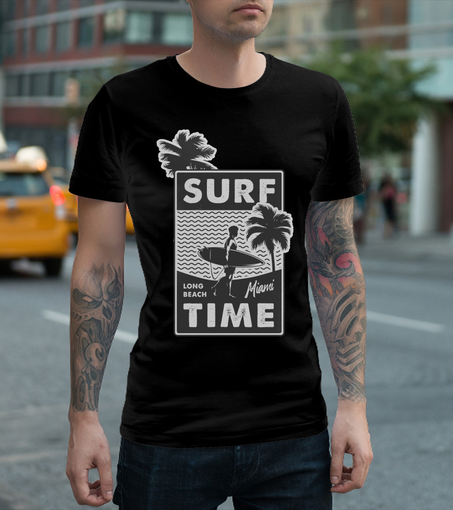 Surf Time Long Beach Miami Surfboard Palms T-Shirt