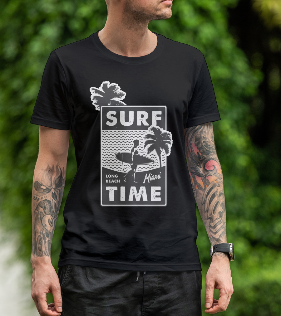 Surf Time Long Beach Miami Surfboard Palms T-Shirt