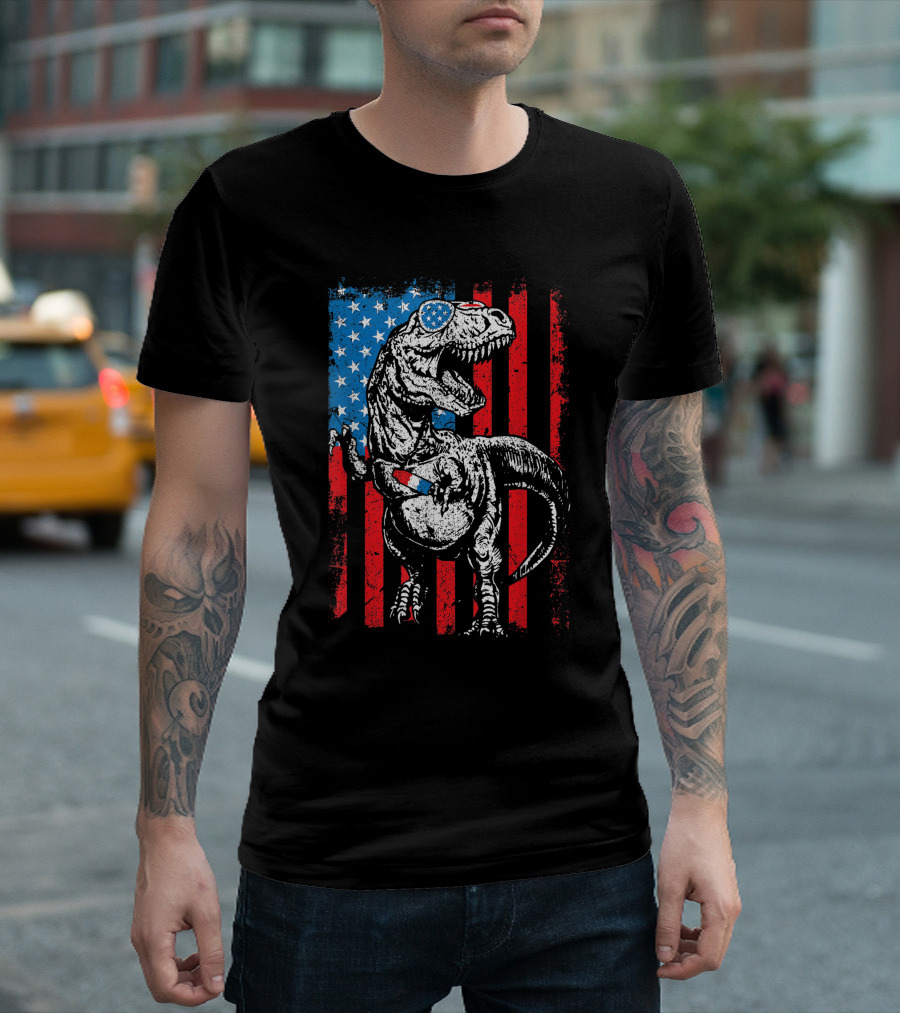 Trex Dinosaur Popsicle USA Flag Funny 4th Of July T-Shirt