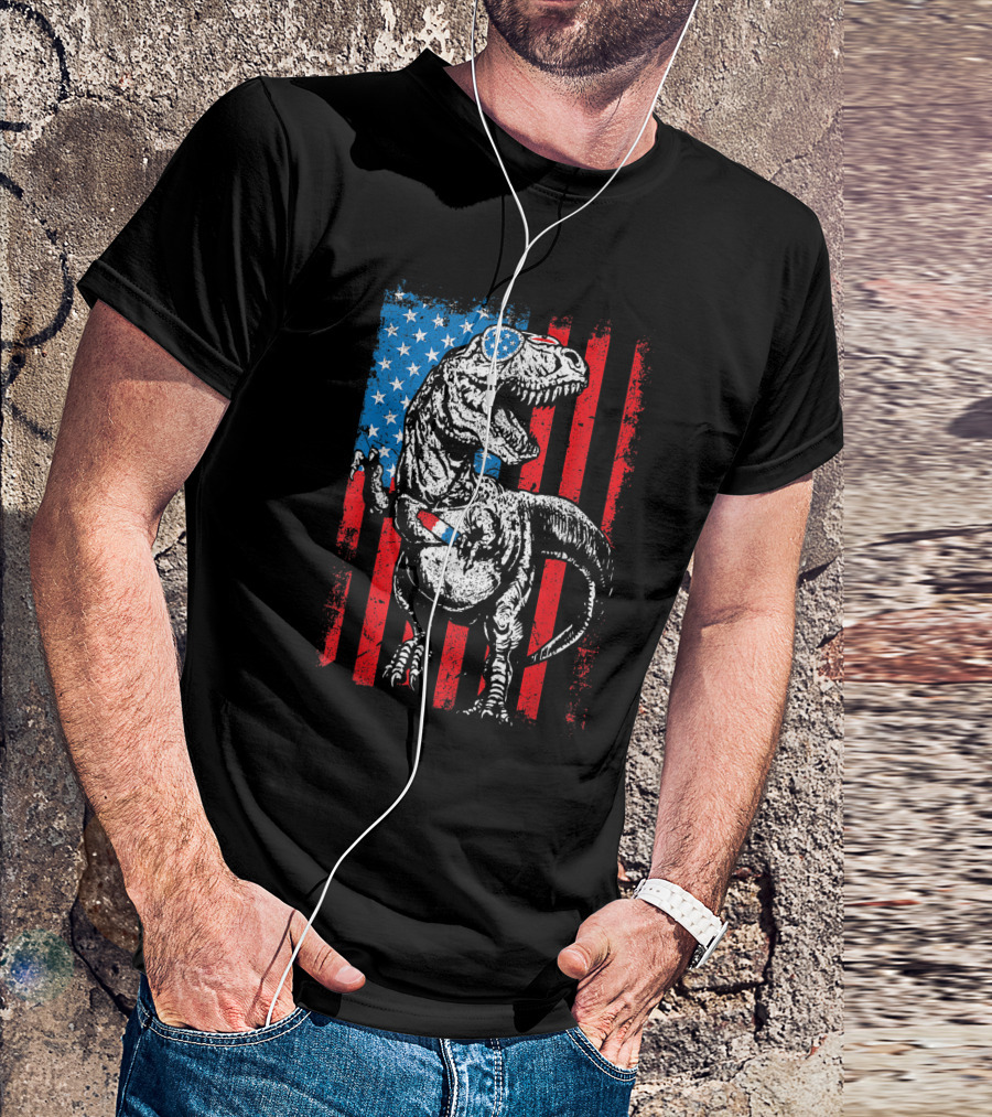 Trex Dinosaur Popsicle USA Flag Funny 4th Of July T-Shirt