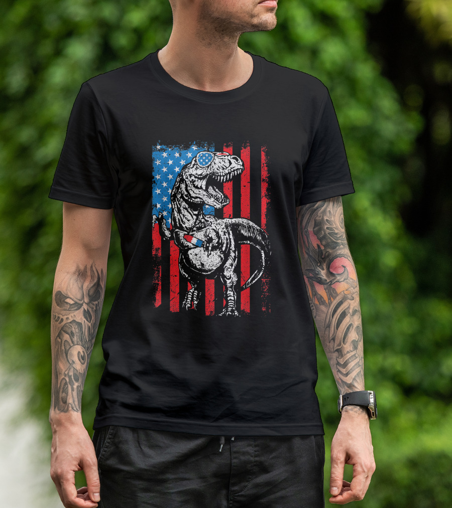 Trex Dinosaur Popsicle USA Flag Funny 4th Of July T-Shirt