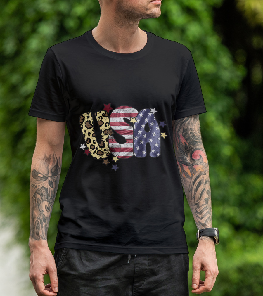 USA Leopard American Flag Stars T-Shirt