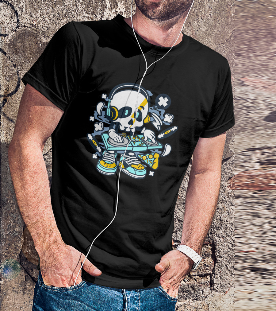 DJ Skull Spinning Turntables With Headphones And Skate Shoes T-Shirt