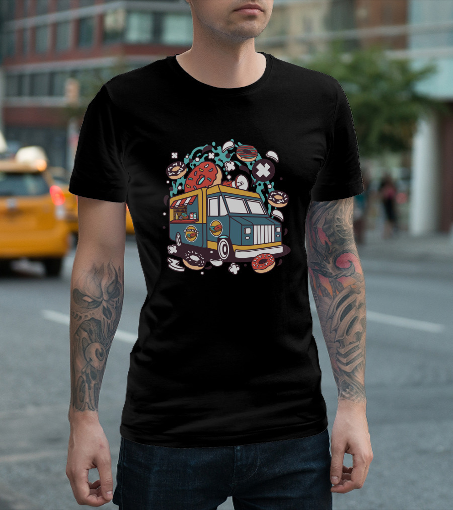 Donut Van Dessert Truck Surrounded by Colorful Sweet Treats T-Shirt