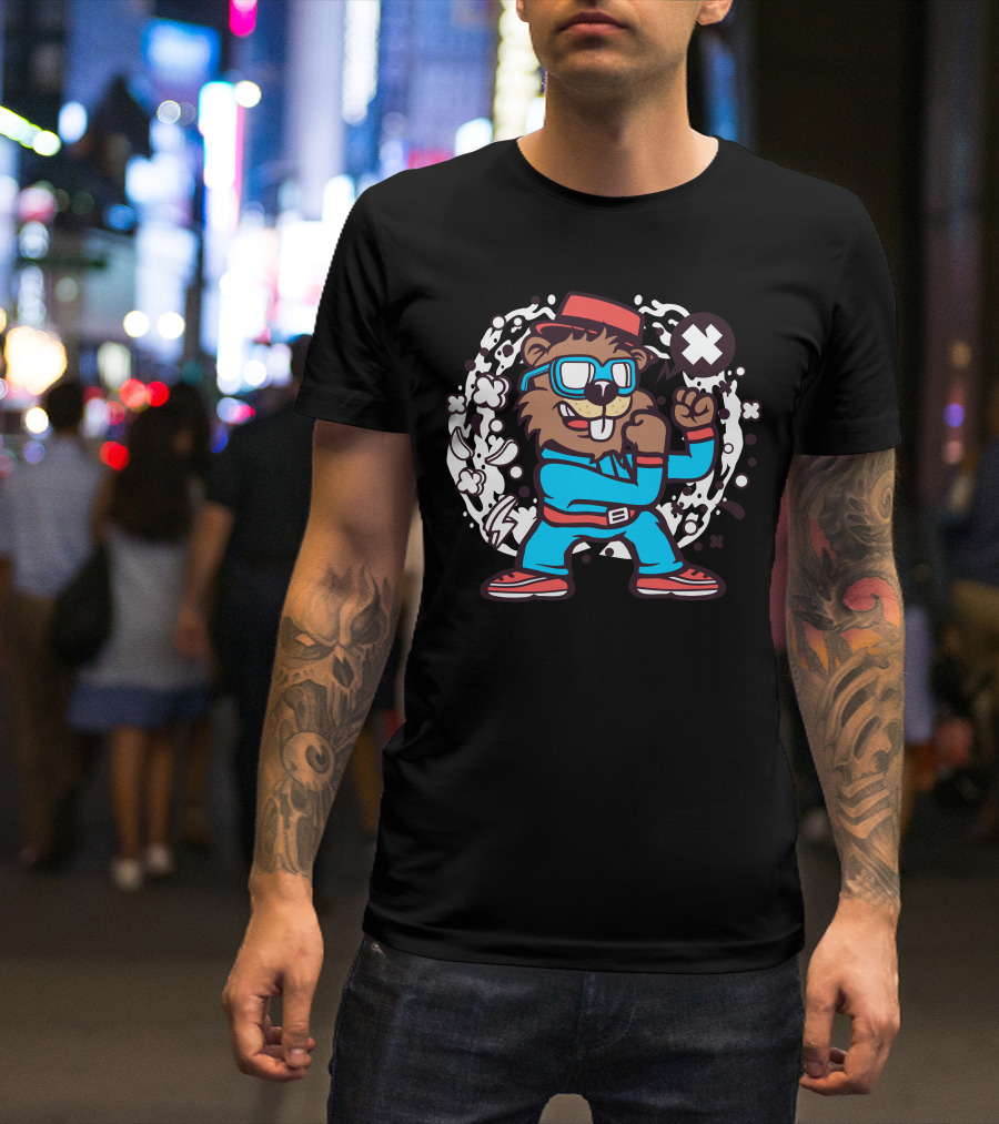 Fighting Beaver In Boxing Stance With Comic Explosion T-Shirt