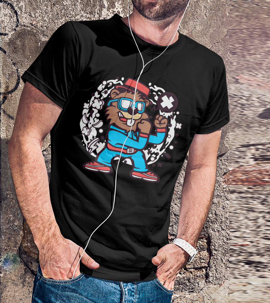 Fighting Beaver In Boxing Stance With Comic Explosion T-Shirt