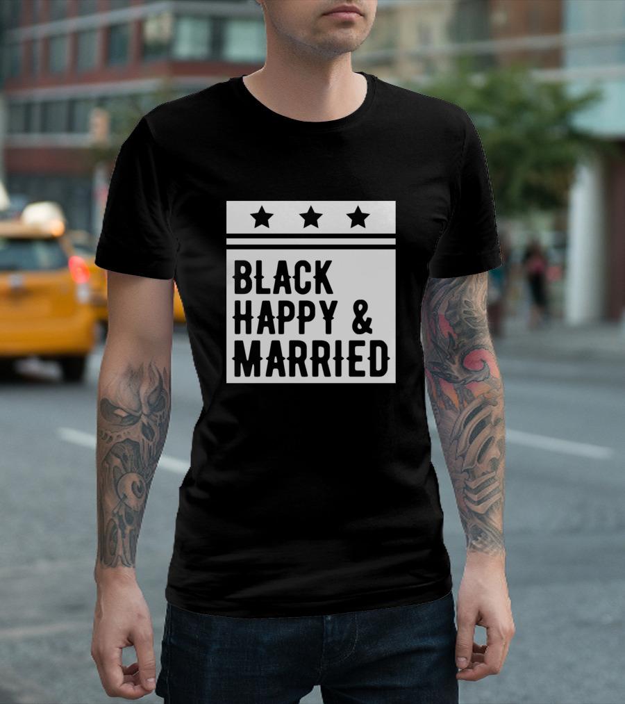Black Happy and Married Funny Wedding Design with Stars T-Shirt