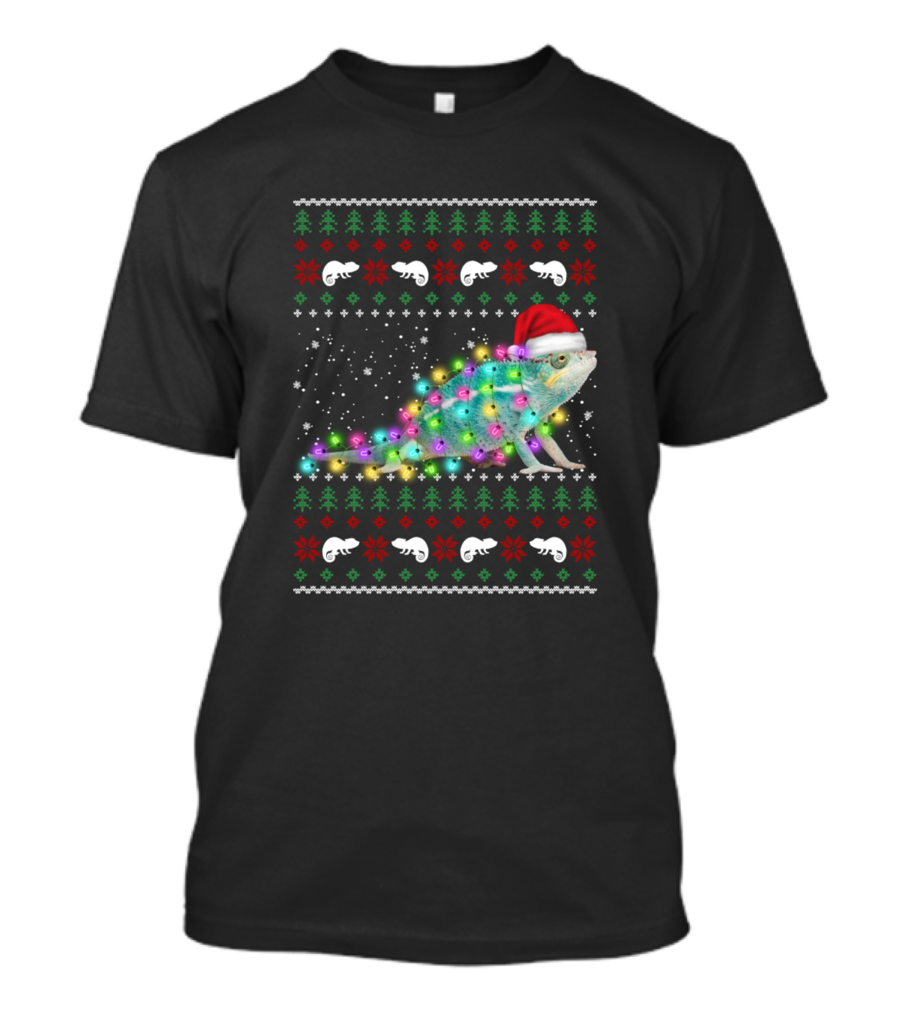 Christmas Lights Chameleon Santa Hat Ugly T-Shirt