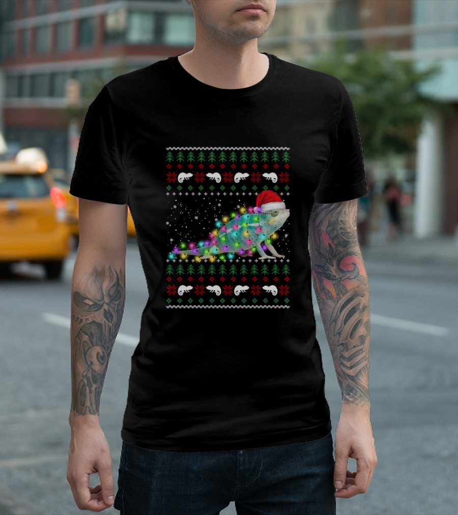 Christmas Lights Chameleon Santa Hat Ugly T-Shirt