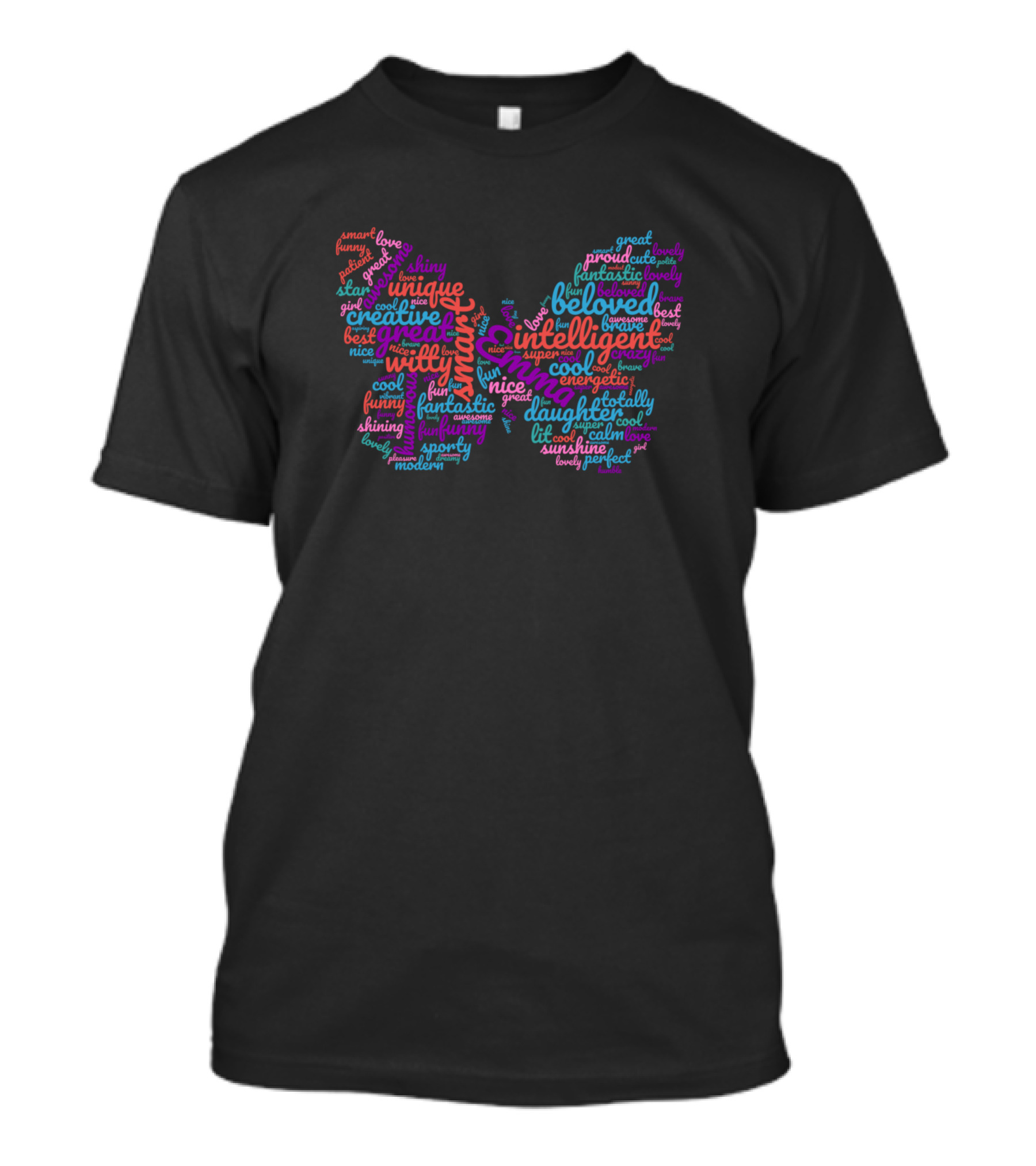 Emma Wordcloud Butterfly Design For Intelligent, Beloved, And Creative Individuals T-Shirt