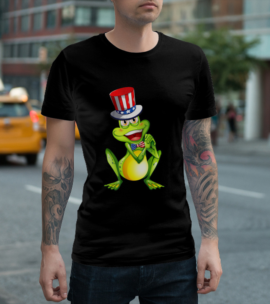 Frog Wearing American Flag Hat And Bowtie For Patriotic 4th Of July T-Shirt