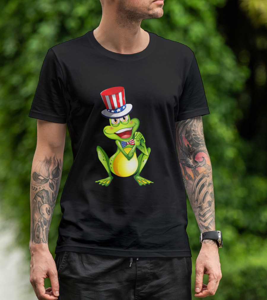 Frog Wearing American Flag Hat And Bowtie For Patriotic 4th Of July T-Shirt