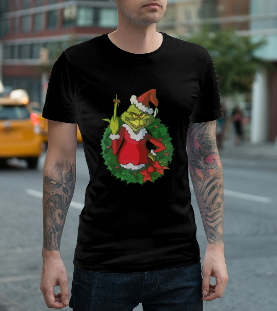 Grinch Santa Wreath Middle Finger Holiday Attitude T-Shirt