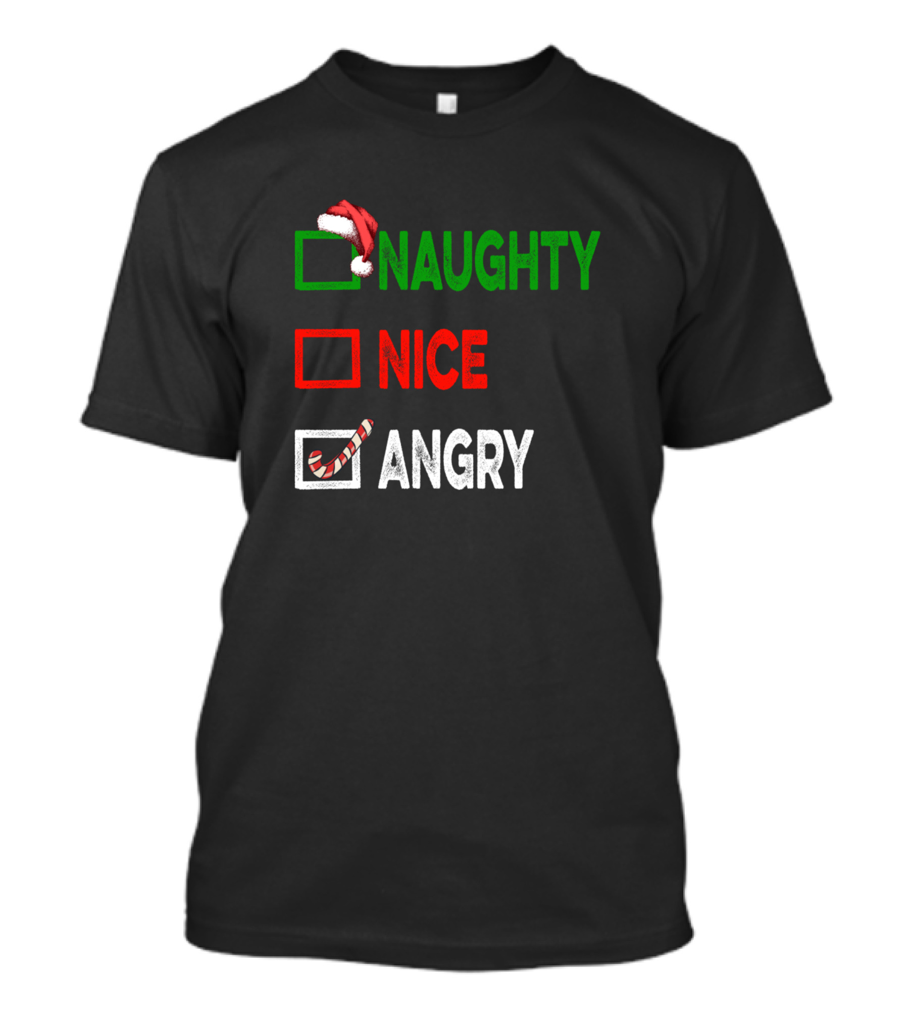 Naughty Nice Angry Christmas Checkbox Santa Hat And Candy Cane T-Shirt