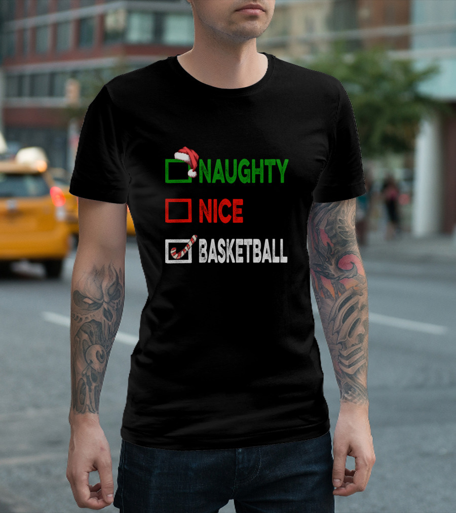 Naughty Nice Basketball Christmas Santa Hat Candy Cane T-Shirt