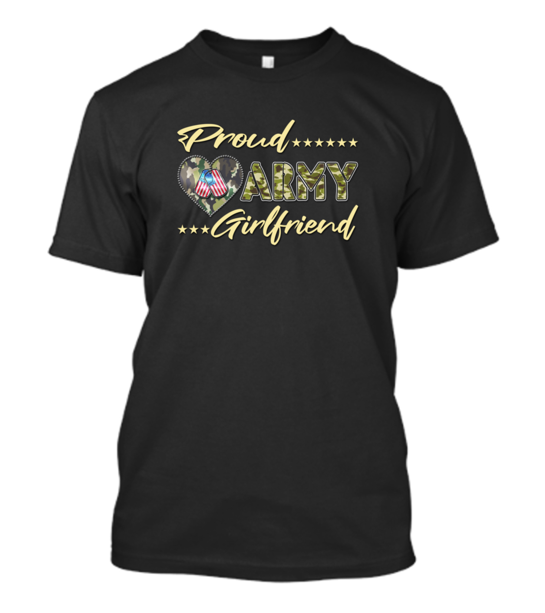 Proud Army Girlfriend Heart US Flag Dog Tags Camo Stars T-Shirt