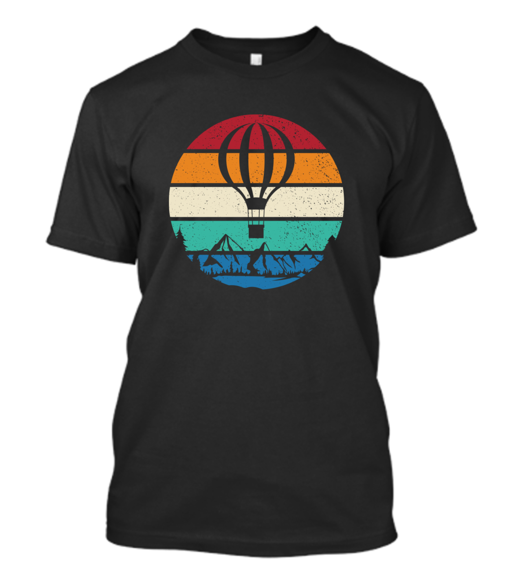 Retro Vintage Hot Air Balloon Striped Sunset Mountain Scene T-Shirt