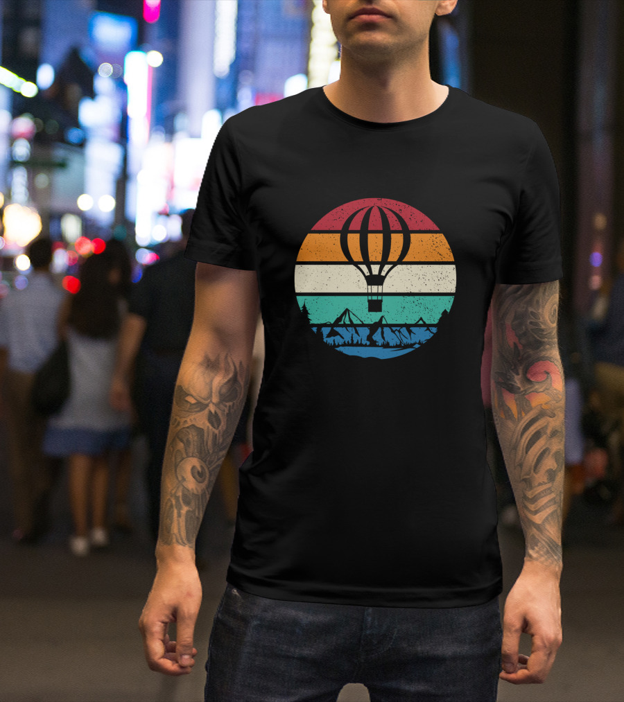 Retro Vintage Hot Air Balloon Striped Sunset Mountain Scene T-Shirt