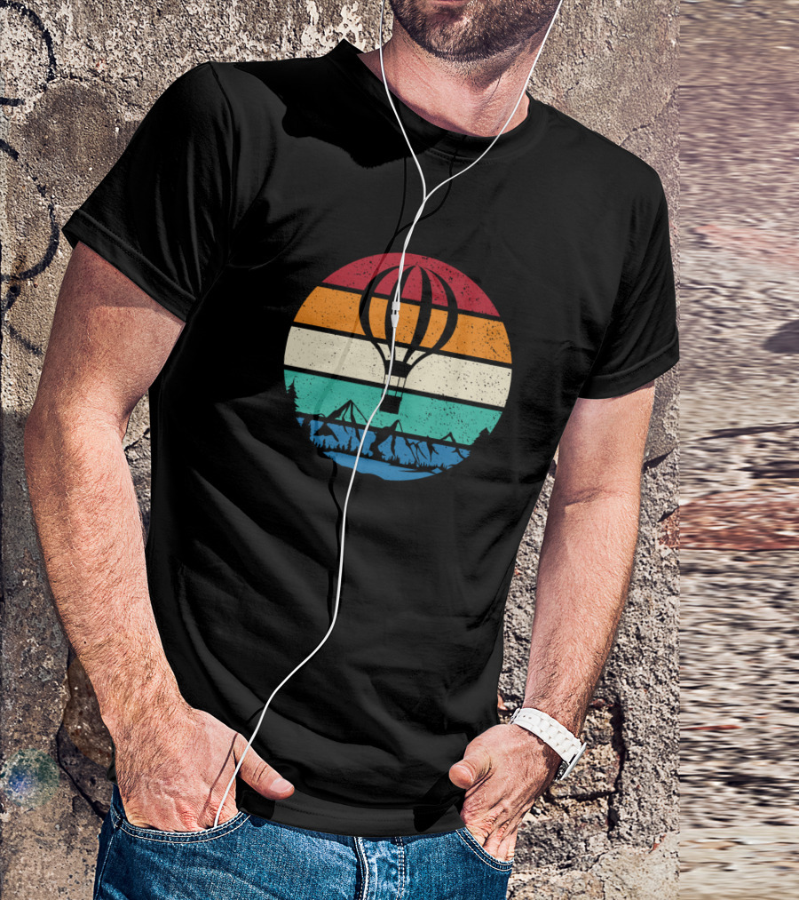 Retro Vintage Hot Air Balloon Striped Sunset Mountain Scene T-Shirt