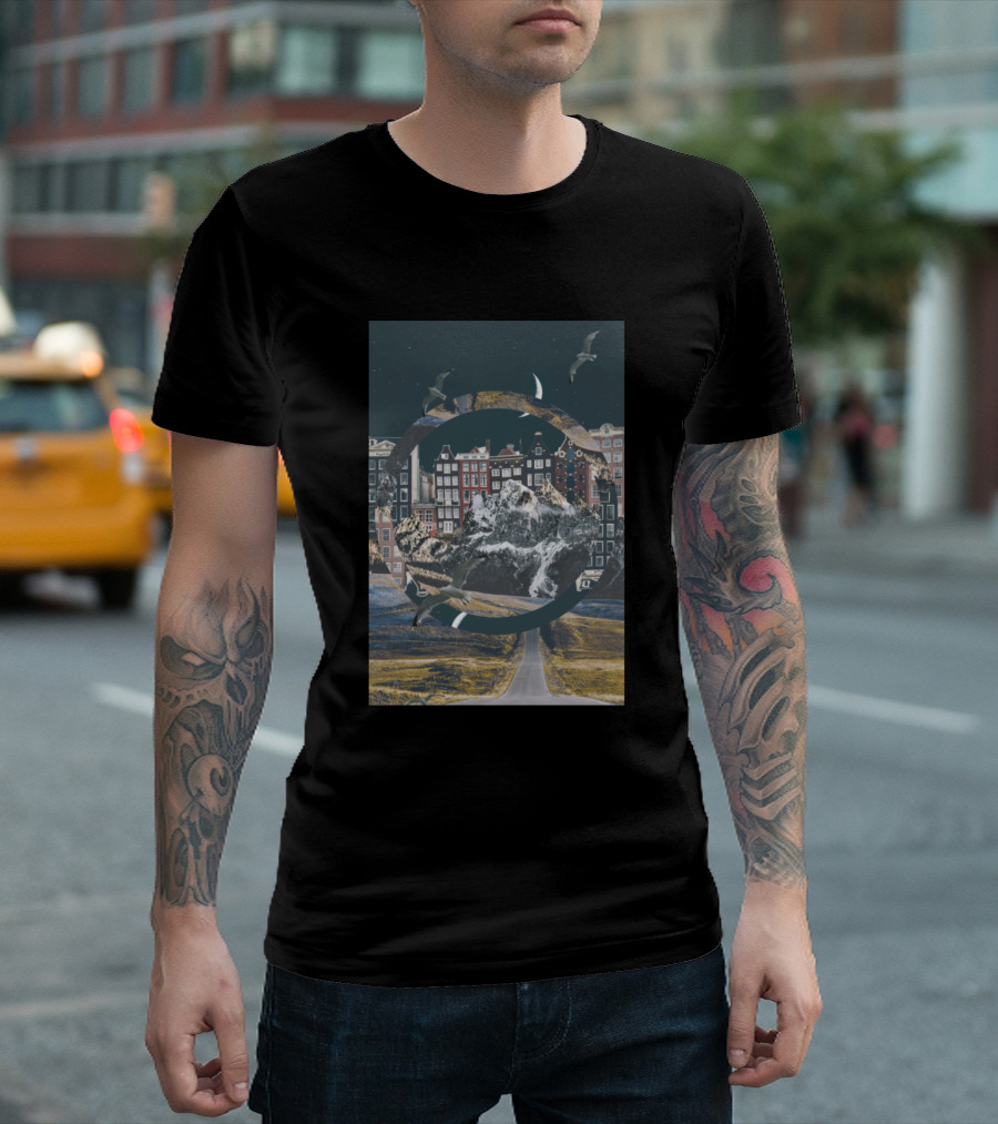 Turning Over: Surreal Seascape Road with Flying Birds and Urban Elements T-Shirt