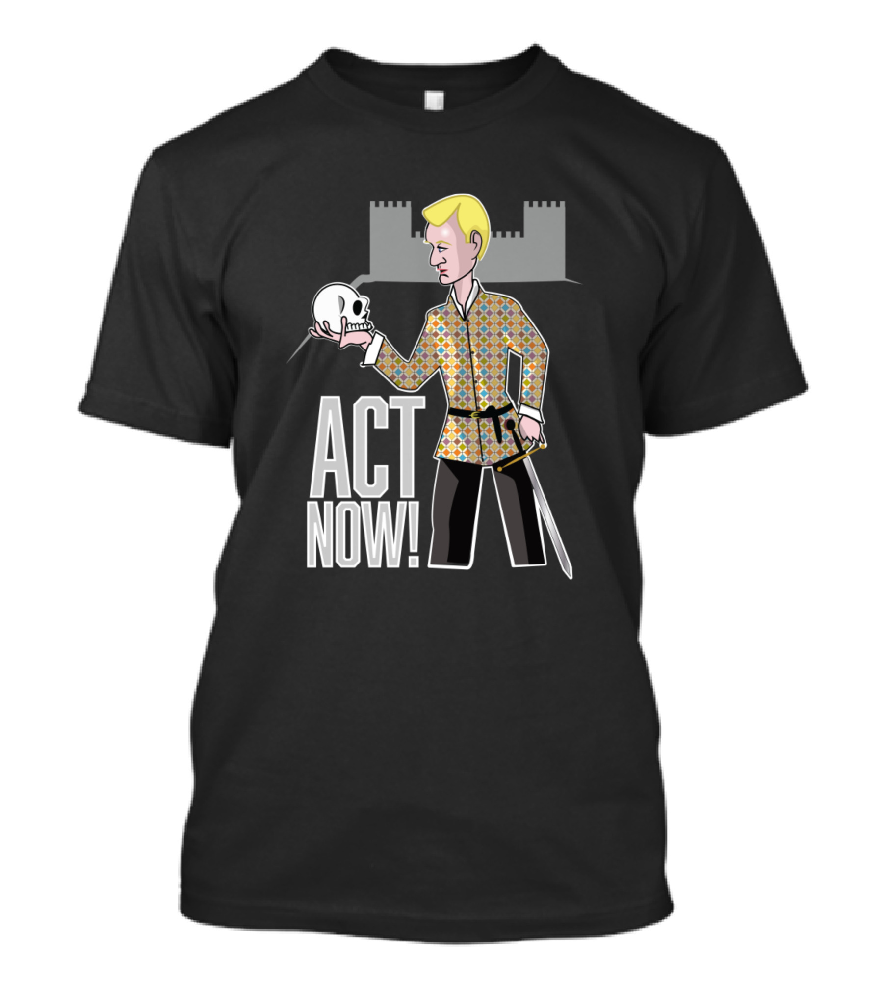 Act Now Hamlet Skull Castle Sword T-Shirt