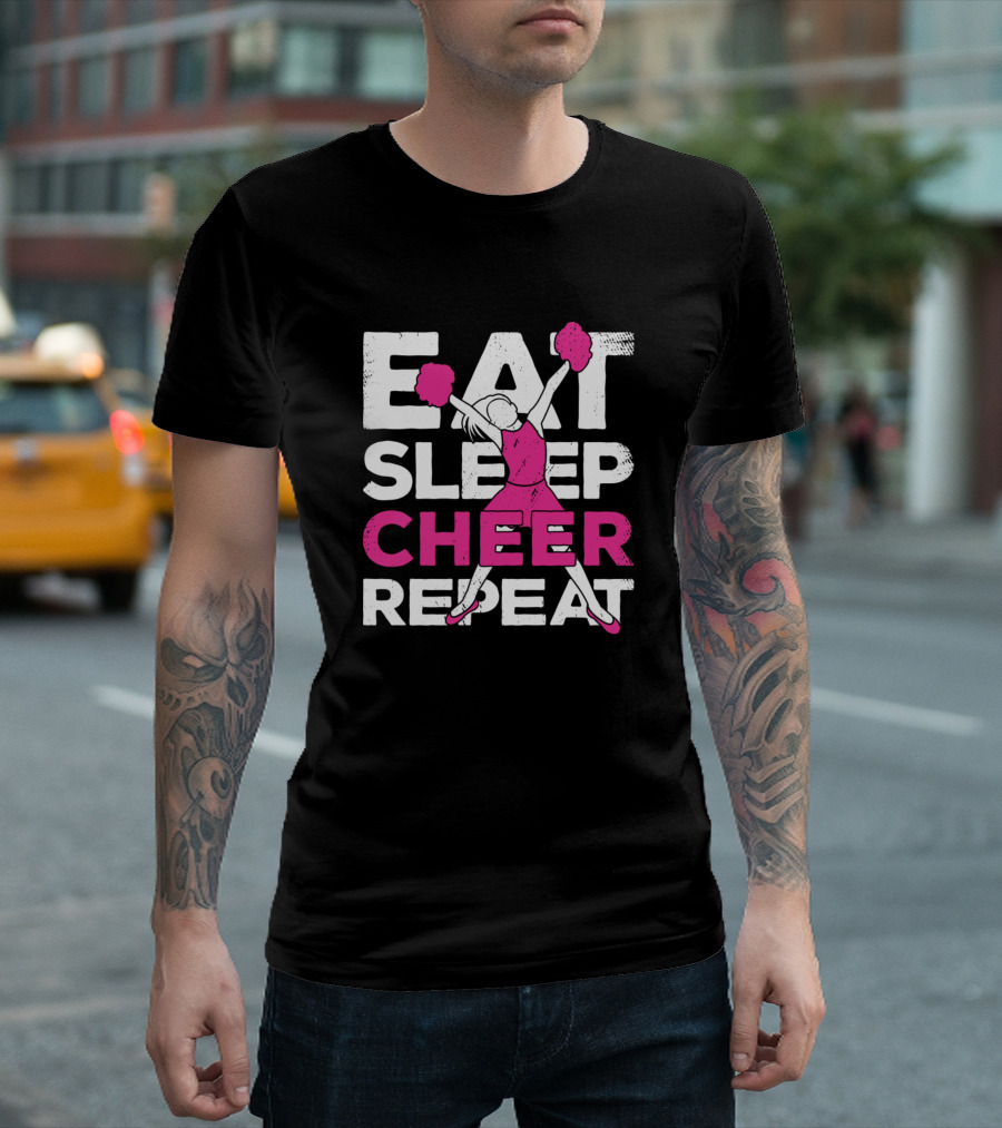Eat Sleep Cheer Repeat Cheerleader Pom Poms Routine T-Shirt