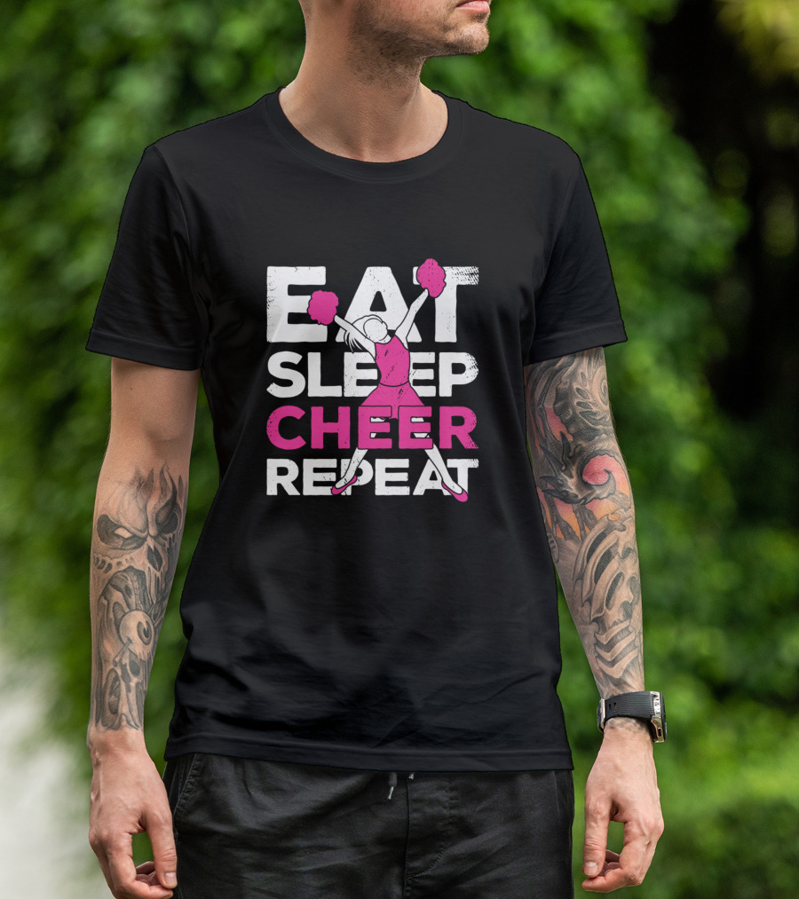 Eat Sleep Cheer Repeat Cheerleader Pom Poms Routine T-Shirt