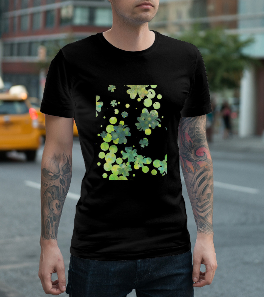 Lucky Four Leaf Clovers Pattern With Vibrant Green And Yellow Circles T-Shirt