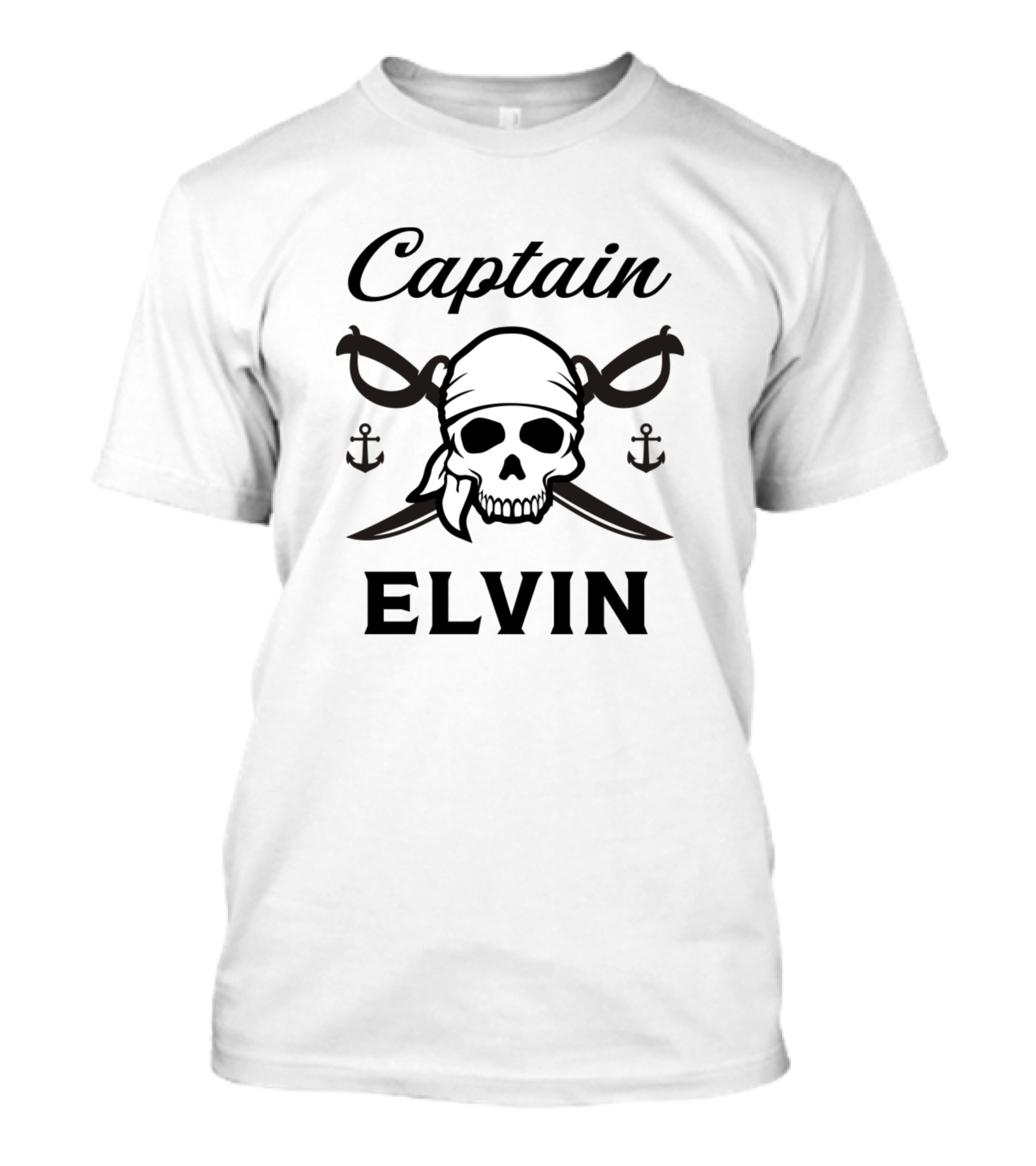 Captain Elvin Skull Pirate Theme Personalized Name T-Shirt