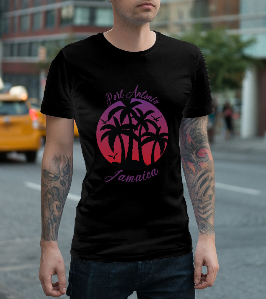 Port Antonio Jamaica Sunset Palm Trees And Birds T-Shirt