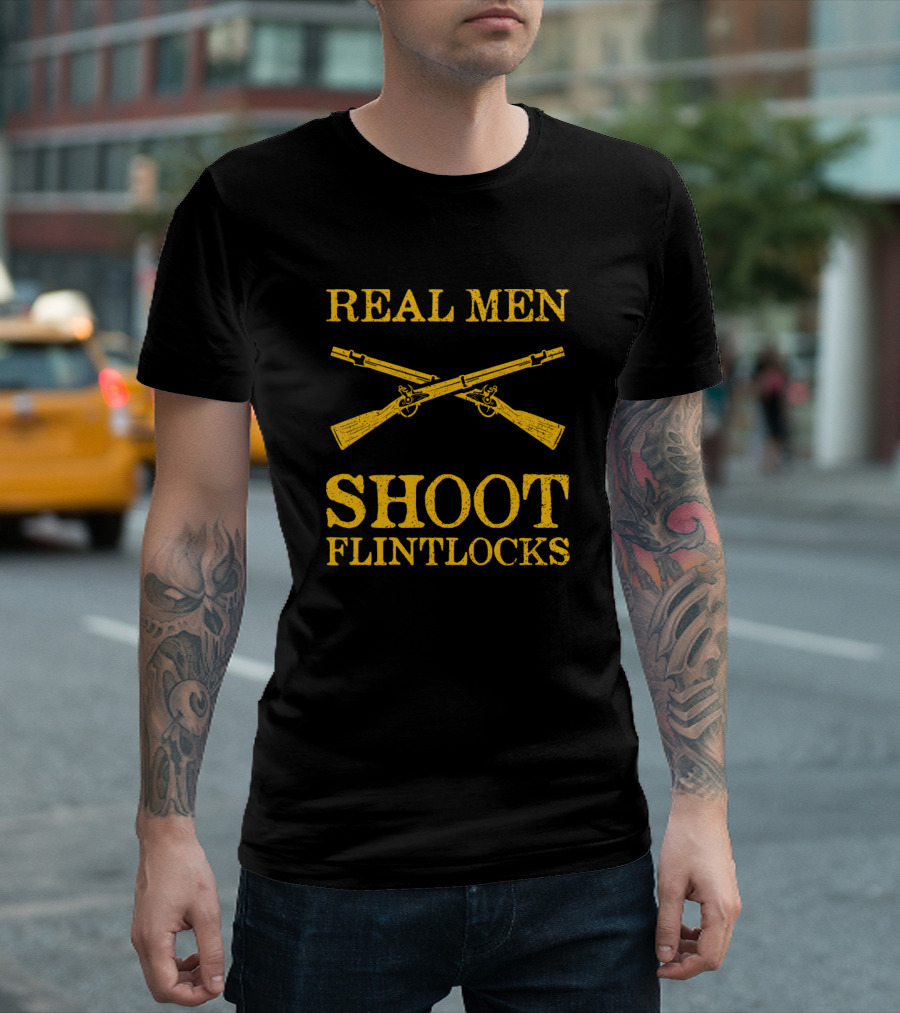 Real Men Shoot Flintlocks Crossing Muskets Civil War Reenactment T-Shirt