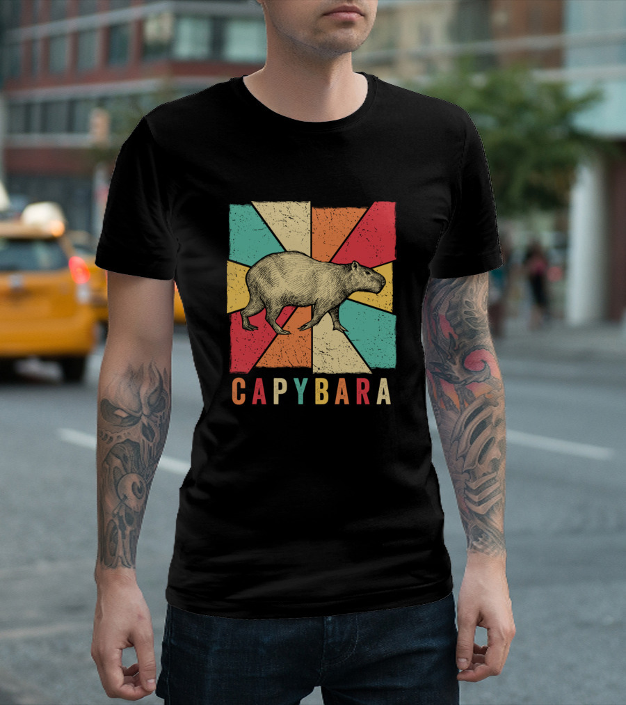 Retro Vintage Style Capybara Colorful Geometric Patchwork T-Shirt