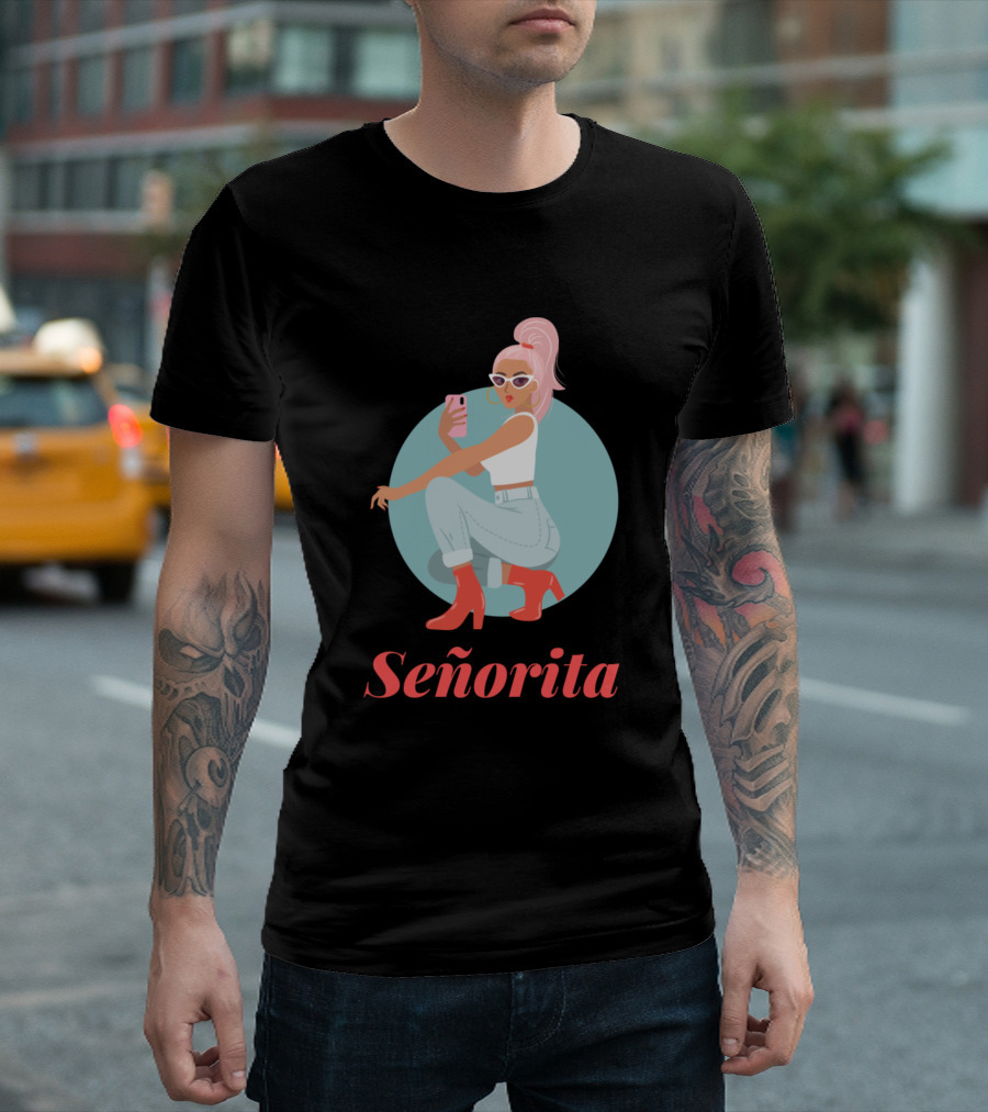 Señorita Pink Ponytail Sunglasses Selfie Red Boots T-Shirt
