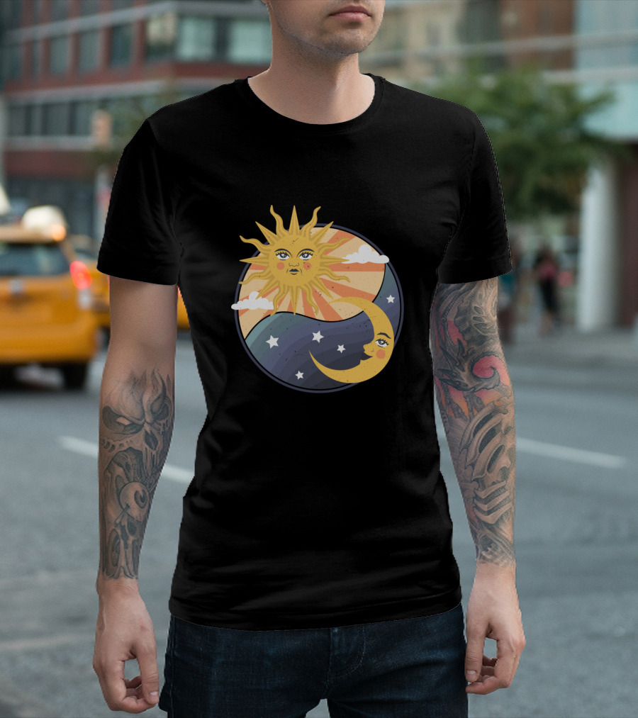 Sun and Moon Celestial Faces with Stars and Clouds T-Shirt