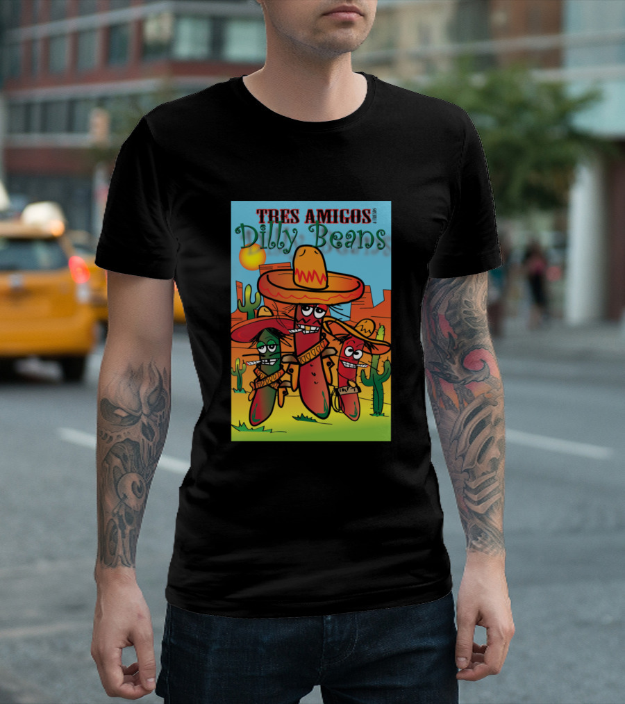 Tres Amigos Dilly Beans Cowboy Chili Peppers Desert Scene T-Shirt