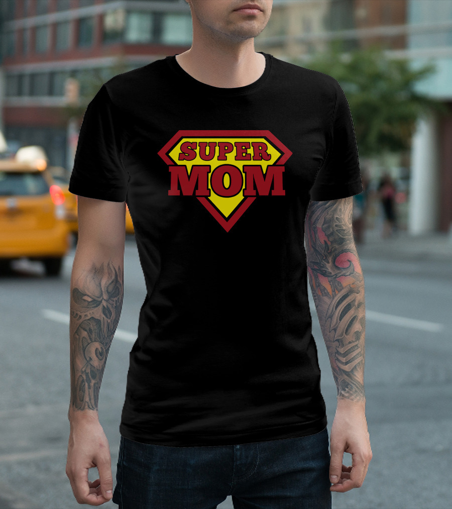 SUPER MOM Emblem Red Yellow Hero Badge T-Shirt